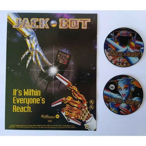 Jackbot Pinball FLYER & 2 Promos Plastic Coasters Pinbot & Bride Wife Robots NOS - Picture 1 of 5